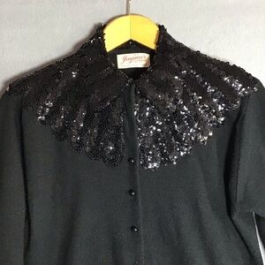 VTG Sequin Cardigan Sweater Black Jaymar S/M Victorian Whimsigoth Goth Glam